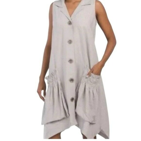 For Cynthia Linen Blend Dress Tunic Button Up Pockets Lagenlook Size Medium - Picture 1 of 8